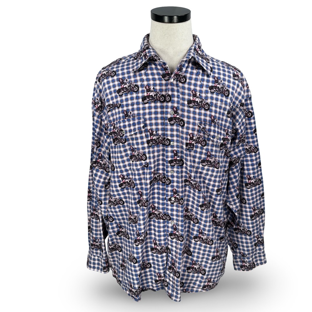 Vintage‎ Barn Fly Mens XL Blue Plaid Motorcycle Pearl Snap Western Flannel Shirt